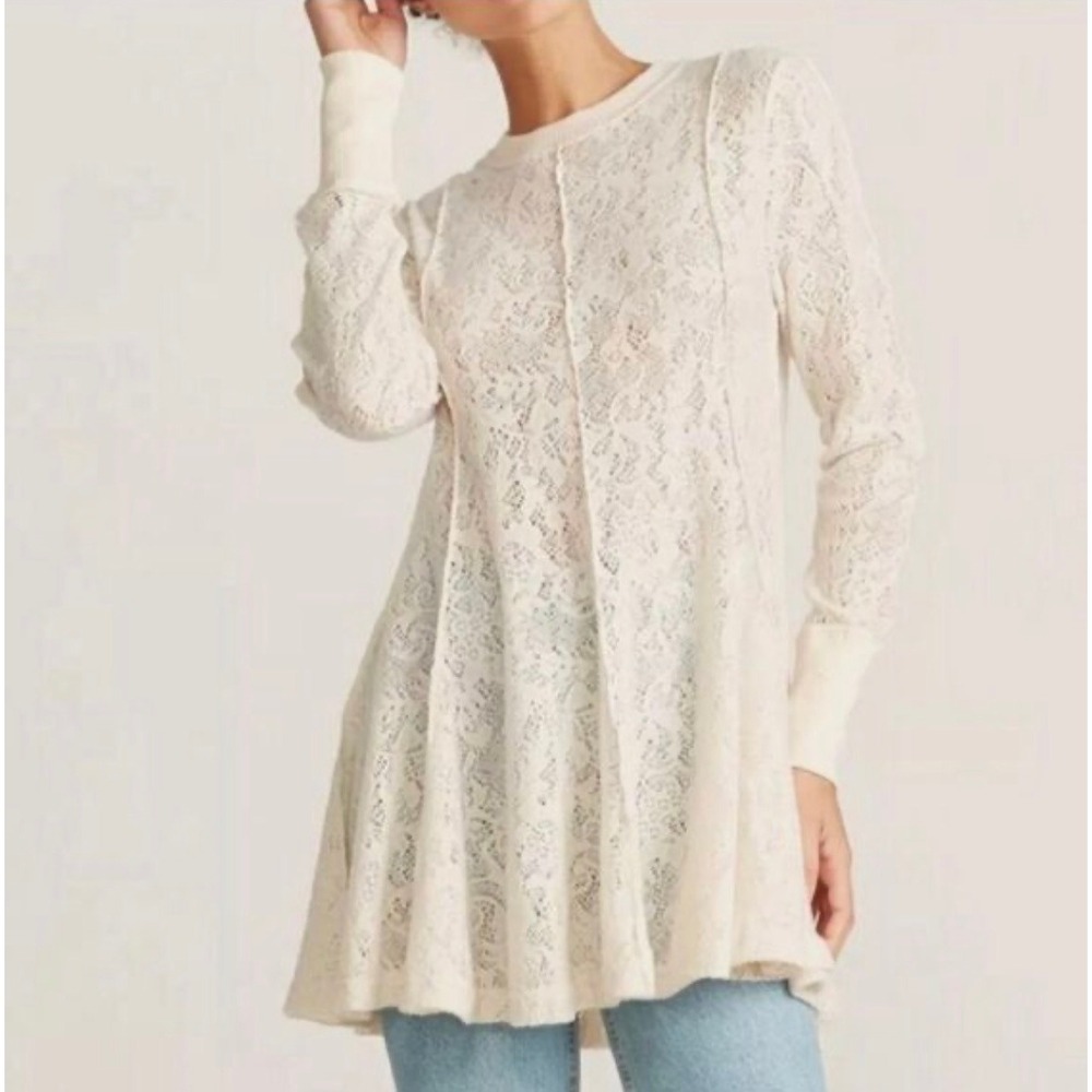 Free People Coffee In The Morning Lace‎ Knit Tunic Cream Boho Coquette Small NWT
